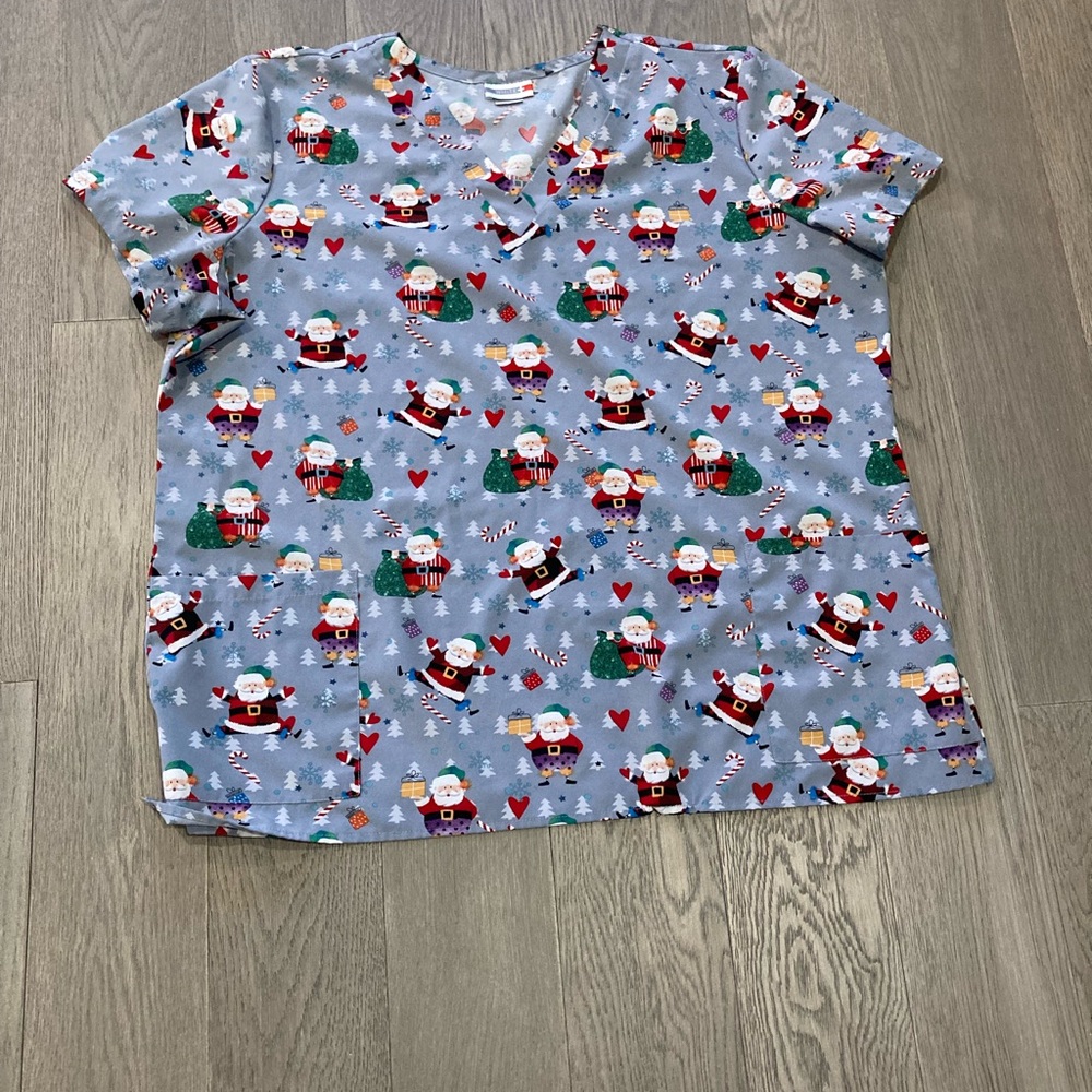 White Cross Women’s Scrub Top with Santa and Holiday Print